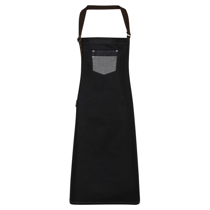 Division waxed-look denim bib apron with faux leather PR136 Black Denim One Size