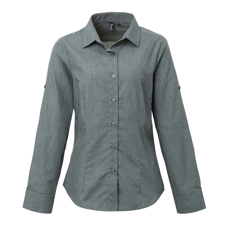 Women's poplin cross-dye roll sleeve shirt PR317 Grey Denim XS