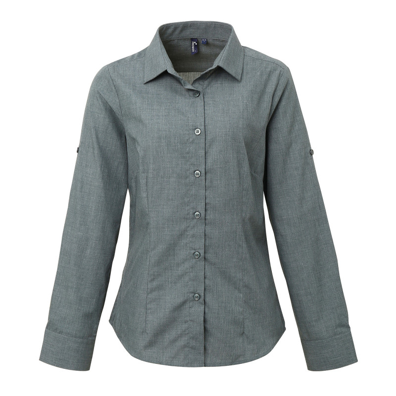 Women's poplin cross-dye roll sleeve shirt PR317 Grey Denim 2XL