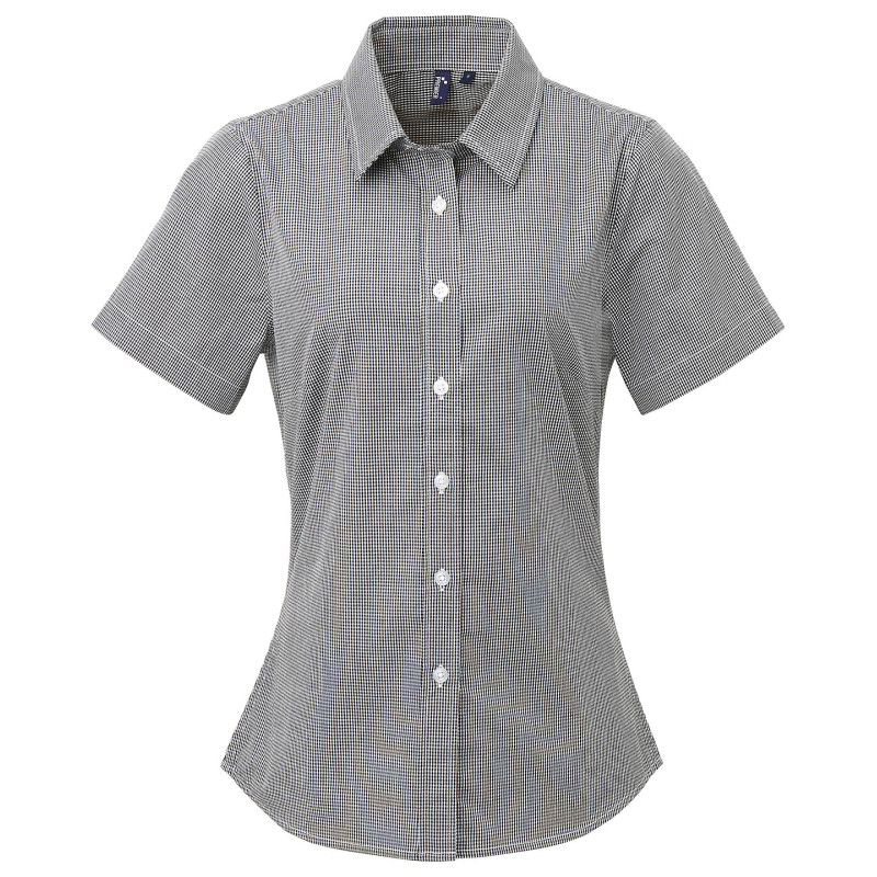 Women's Microcheck (Gingham) short sleeve cotton shirt PR321 Black/White XS