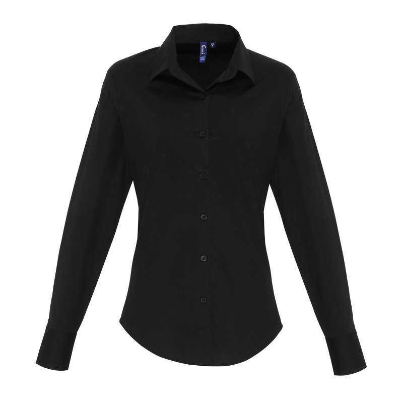 Women's stretch fit cotton poplin long sleeve blouse PR344 Black XS